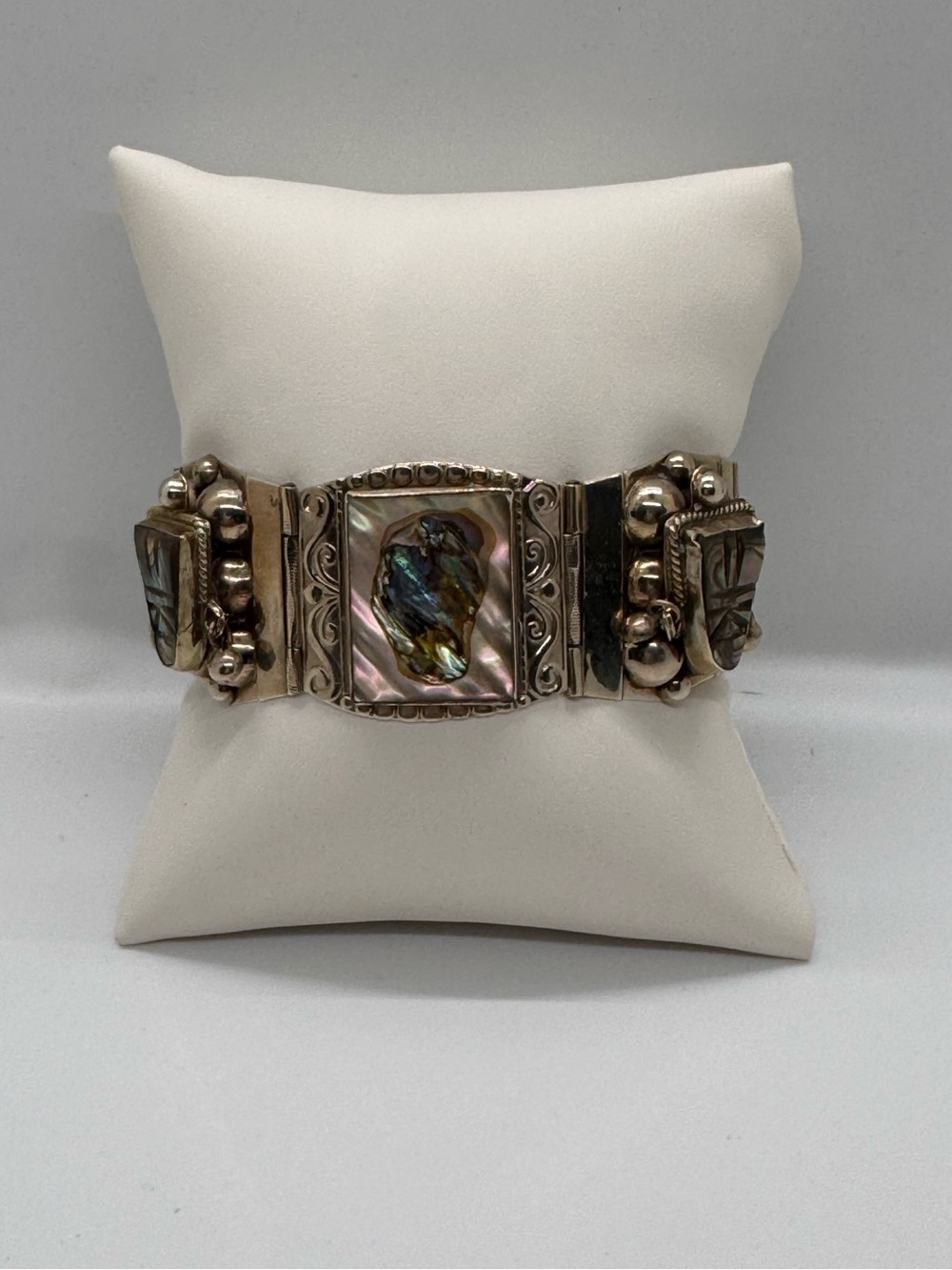 Vintage Taxco Mexico 925 Sterling Silver Abalone Aztec Mask Panel Bracelet